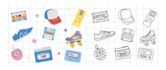 Classic y2k, 90s and 2000s aesthetic. Flat and outline style set of vintage elements. Hand-drawn vector illustration on background of checkered notebook sheet. Patch, sticker, badge, emblem.