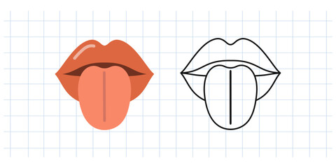 Classic y2k, 90s and 2000s aesthetic. Flat and outline style open mouth with tongue out, vintage element. Hand-drawn vector illustration on background of checkered notebook sheet.