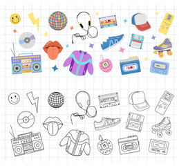 Classic y2k, 90s and 2000s aesthetic. Flat and outline style set of vintage elements. Hand-drawn vector illustration on background of checkered notebook sheet. Patch, sticker, badge, emblem.