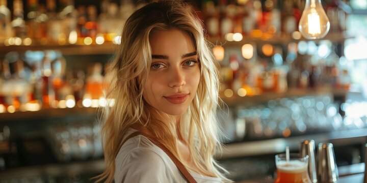 Focused barmaid with blonde hair standing at counter while preparing cocktail at pub