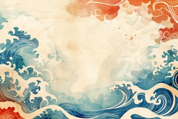 Vintage style ocean wave pattern with japanese watercolor texture. Hand-painted sea floral banner for background decoration. Unique design element