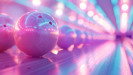 Bowling balls on an alley with neon lights.