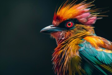 Vibrant avian species with plumage against dark backdrop