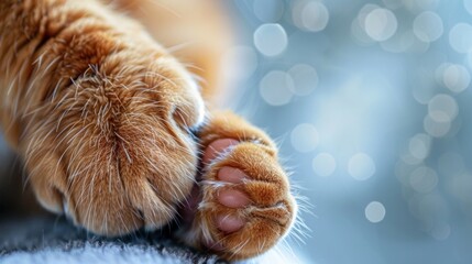 Banner about pets, cat care. Paw of a red cat close-up on a light background. Concept for...