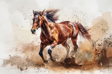 Stunning watercolor artwork featuring a galloping chestnut horse. Wildlife creatures. Ai-generated illustrations
