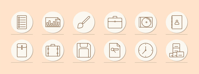 Office set icon. Form, check sheet, statistics, diagram, indicators, brush, briefcase, call, dossier, folder, portfolio, suitcase, hard drive, flash drive, clock, boxes. Department concept.