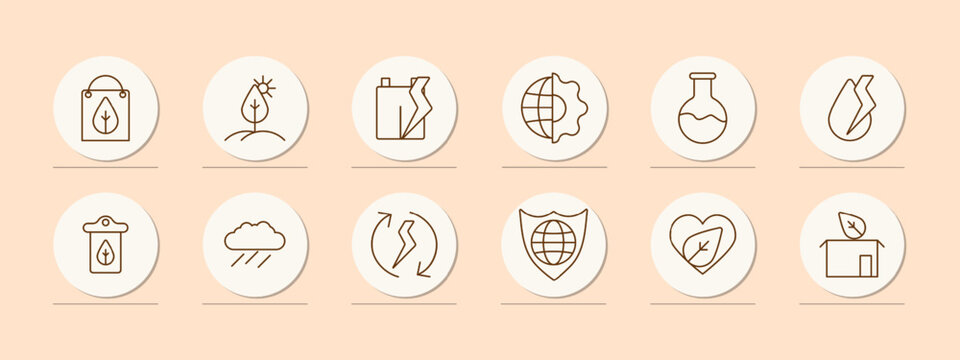 Ecology set icon. Package, sprout, foliage, plastic recycling, symbiosis of nature and man, earth, flask, moly, rain, cycle, conversion, shield, protecting planet, heart. Environment care concept.