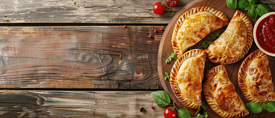 chicken Argentinian empanadas dish at dinner table with tomato sauce copy space background