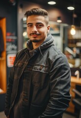Fototapeta premium A confident young man looking satisfied with his new haircut in a trendy barbershop.