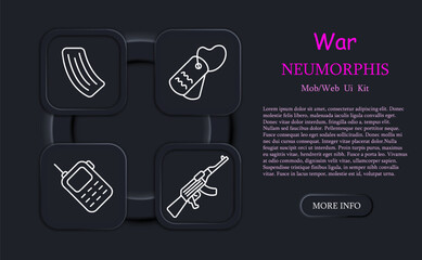 War set icon. Machine gun, automatic rifle, clip, rifle magazine, neomorphism, medal, walkie talkie, tag, military, mercenary, operative, modern warfare. Weapon concept.