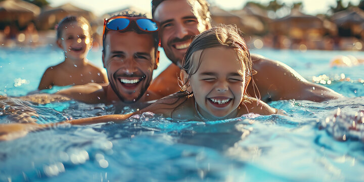 Happy family in the pool. Summer vacation concept. Unconventional family