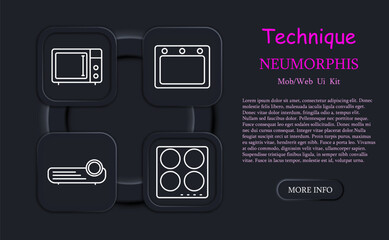 Appliances set icon. Radio, TV, stove, microwave, electronic scales, neomorphism, home appliances, kitchen, projector, oven, router, clock. Modern technology concept.
