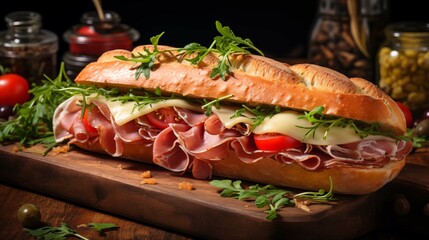 Baguette sandwich filled with prosciutto, cheese and fresh greens closeup image. Artisan sandwich making on wooden cutting board close up photography marketing. Fast food concept photo - Powered by Adobe