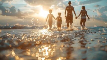 Family spending the day at the beach, walking on the seashore at sunset. Vacation, holiday, summer and leisure concept.