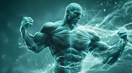 A 3D sculpture of a naked man,, with detailed anatomy, muscles, and a dark background