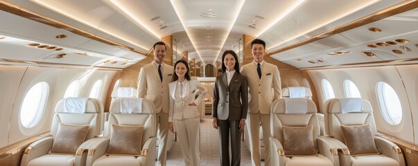Flight crew with attendants wearing matching uniform in the first class cabin of a luxury airplane.