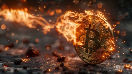 Bitcoin with a burning flame Golden Bitcoin cryptocurrency with fiery BIT symbol flies high. Isolated on black background. Crypto assets, futuristic virtual gold, Bitcoin bull.