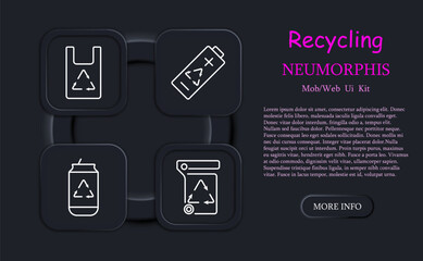 Ecology set icon. Recycling, plastic, reuse, glass, garbage, environmental pollution, bionomics, battery, lithium battery, garbage, neomorphism, bag, soda can. Environment care concept.