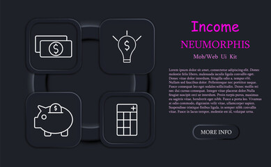 Profit set icon. Coin, neomorphism, brilliant, earnings strategy, statistic, money, diagram, growth, capital, savings, idea, startup, dolor, making money. Asset multiplication concept.