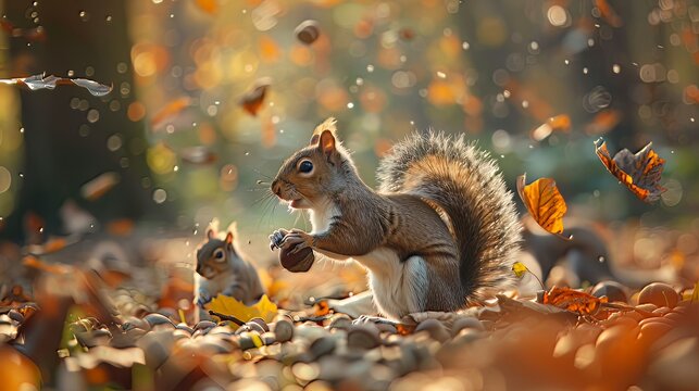 Squirrels Gathering Nuts: In a dense forest, squirrels scamper across the ground, gathering acorns and other nuts to store for the winter months