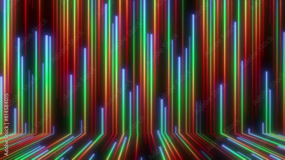 Poster 3d animation abstract black background with color neon lines go up.