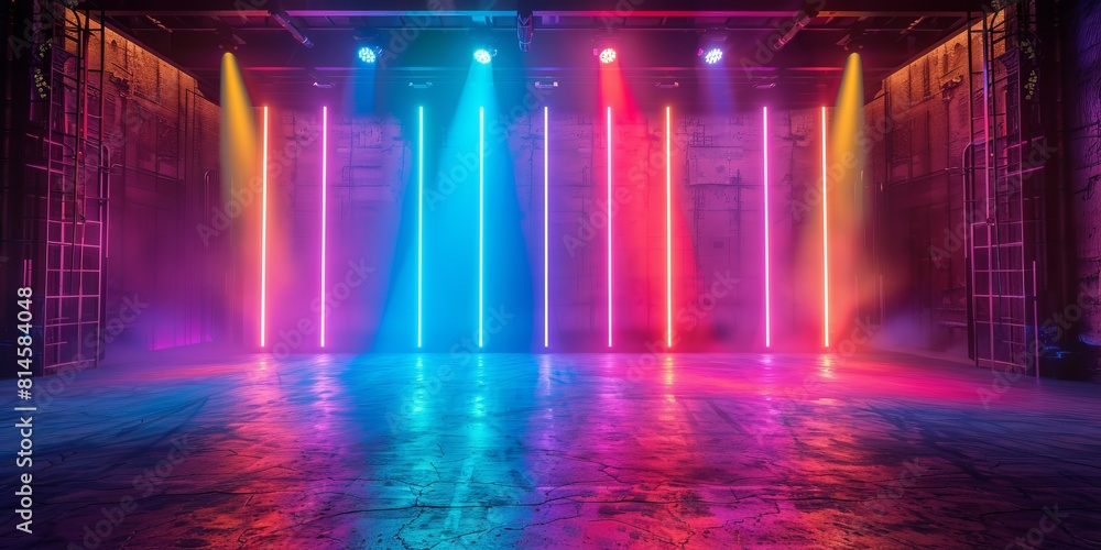 Poster Abstract background with neon lights of various colors on stage
