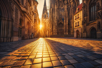 A majestic gothic cathedral with stained glass windows and towering spires, bathed in the golden light of sunrise, casting intricate shadows on the surrounding cobblestone streets.