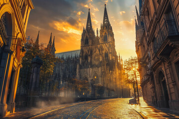 A majestic gothic cathedral with stained glass windows and towering spires, bathed in the golden light of sunrise, casting intricate shadows on the surrounding cobblestone streets. - Powered by Adobe