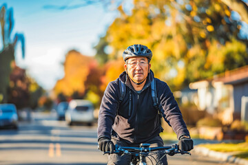 A middle-aged Asian man enjoying a leisurely bike ride through a suburban neighborhood, appreciating the tranquility of the morning light.