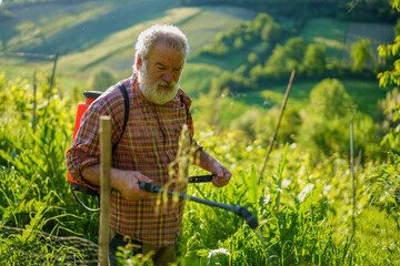 Elderly caucasian strong farmer spraying his crops with copper herbicide at sunset in hilly land