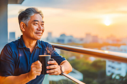 A middle-aged Asian man enjoying a cup of coffee on the balcony of his modern urban apartment, taking in the panoramic views of the sunrise.