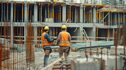 A captivating stock photo featuring employees on a construction site, wearing safety gear and brainstorming ideas for the next phase of construction.