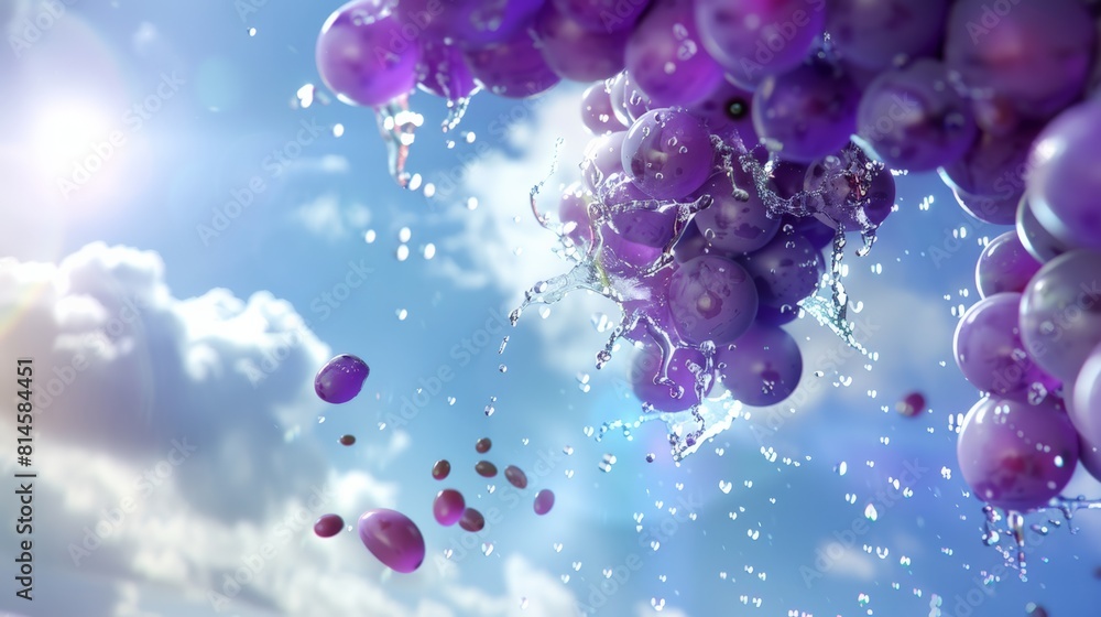 Poster a bunch of purple grapes are falling from the sky. the grapes are falling in a way that they look li