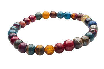 A colorful bracelet made of beads. The beads are of different colors and sizes. The bracelet is made of glass and has a shiny appearance