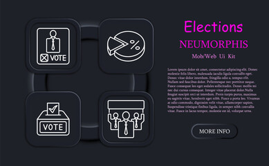 Elections set icon. Vote, candidate, speech, voting, percentage, diagram, statistics, pencil, hand, record, neomorphism, people opinion, passport. Electoral campaign concept.