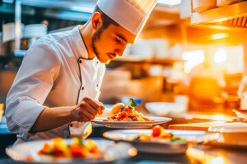 A passionate chef preparing gourmet dishes in a restaurant kitchen at sunset.