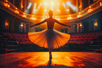 A passionate dancer performing ballet in a theater at sunset.