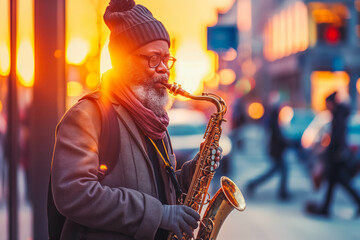Obraz premium A passionate musician playing saxophone on a street corner at sunset.