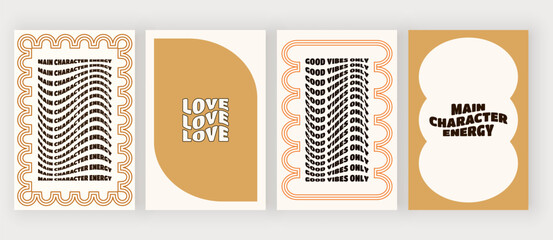 Geometric border frames on the cards with wavy colorful lines and text
