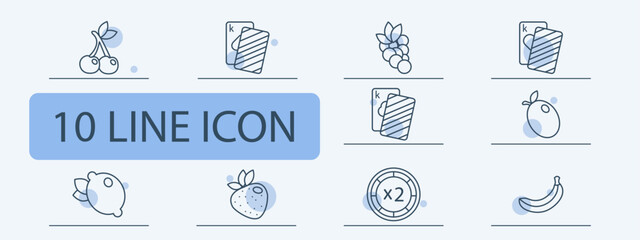 Casino set icon. Cards, suits, fruits, win, bet, doubling, chip, money, king, diamond, hearts, spades, banana, risks, excitement, ardor, lemon, cherry, strawberry, dollar, stake. Gambling concept.