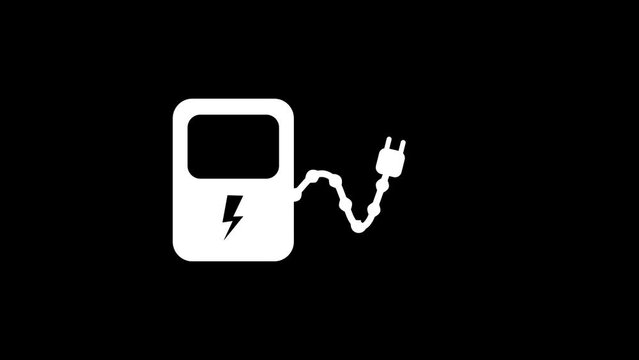 Electric car charging station animation. Electrical cable plug charging symbol on black background.