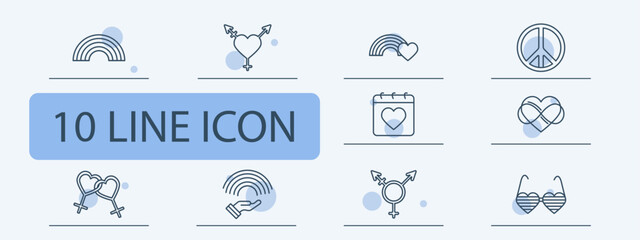 Love set icon. Rainbow, LGBTQ, music, heart, peace sign, sex, intercourse, glasses, endless feelings, calendar, hand, proposal, gender, flag, fondness. Amour concept.