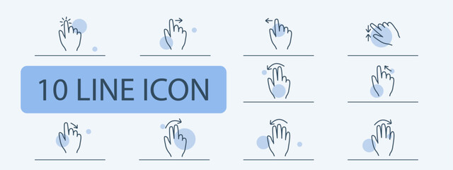 Click set icon. Press, double touch, swipe left and right, hold, 3D touch, hold, hold, swipe with two fingers, smart movement, scroll, move. Abstract gestures concept.