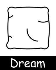 Dream set icon. Slumber, repose, bed, alarm clock, dream catcher, Z, snoring, melatonin, pillow, tablets, pills, sleep cap, lamp, man on doss. Sleep concept.