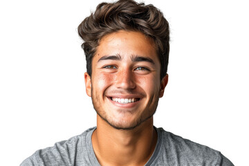 Fototapeta premium A young man with a beard and a smile on his face. He is wearing a gray shirt