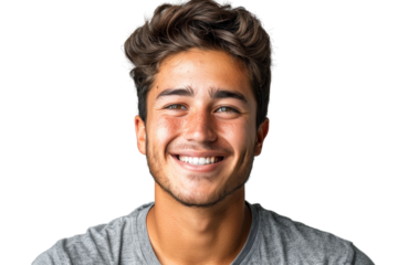 A young man with a beard and a smile on his face. He is wearing a gray shirt