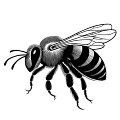 Abeille en vol, profil, icone, dessin vectoriel, noir et blanc, gravure ancienne