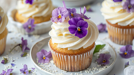 Cupcakes with cream and decorated with violets
