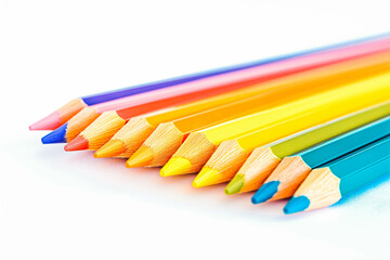 Obraz premium A set of colored pencils, neatly arranged in a rainbow spectrum, with sharpened points, on a pure white background.