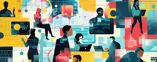 A group of diverse professionals in a colorful and vibrant setting, each person engaged in their own work and connected by technology. The image represents the modern workplace.
